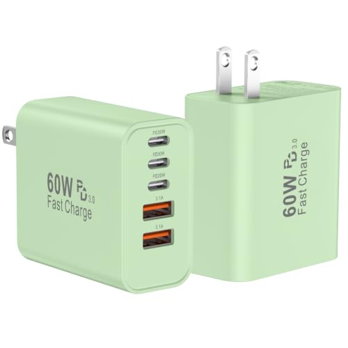 Image of USB C Fast Wall Charger Block, 2Pack 60W USBC Charging Cubes, 5-Port PD+QC Power Adapter Multiport Brick Type C Box Plug for Phone 17 /16 /15 /14 /13 /12 /11 /Pro Max /Plus, Pad Mini /Pro /S25 /S24-Lime Green