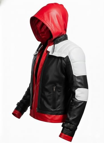 Image of Men's Motorcycle Jacket with Red Hood, Black White Faux Leather (XXL)