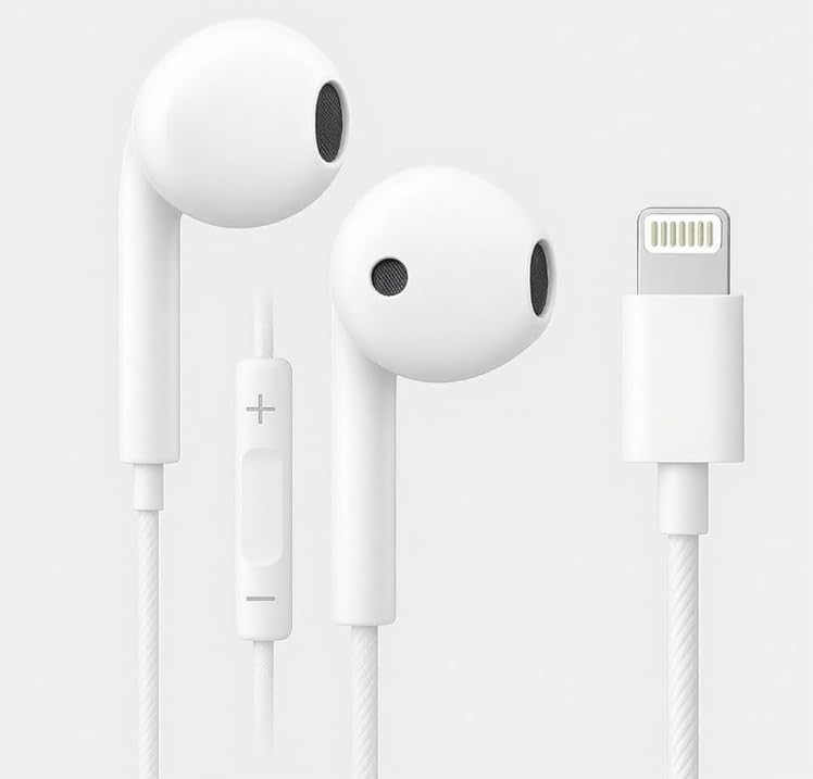 Image of Wired Earphone with Lightning Connector, Certified, Compatible with iPhone, iPad, iPod, Direct Plug and Play, White, 1.2 Meter
