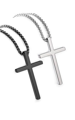 2 PCS Cross Necklace for Men,Silver Black Cross Chain Stainless Steel Pendant Jewelry Gifts Box Crucifix Necklace 16-30 inches