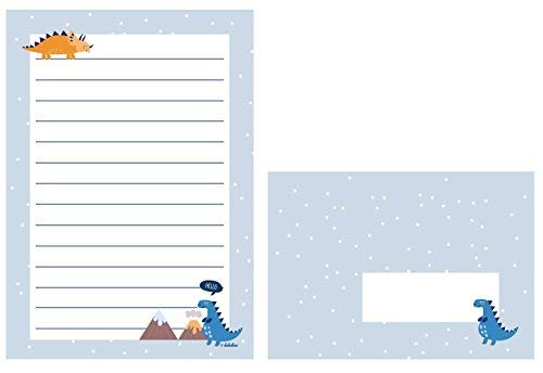 Dinosaur stationery set for kids: 25 sheets of DIN A5, lined including 10 envelopes (boys or girls, blue / orange.