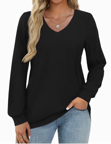 Image of Zeagoo Black Long Sleeve Shirt for Woman V Neck Loose Fit Tunic Soild Soft Elegant Tops Outfits M