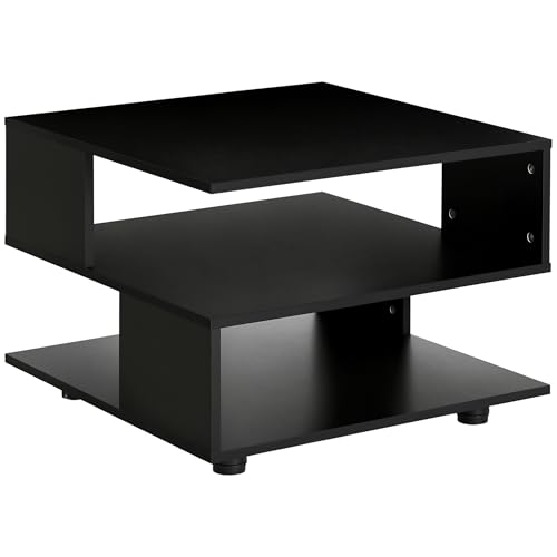 HOMCOM Tavolino da Caffè Asimmetrico con Ripiani, Tavolino da Salotto Quadrato in Legno con Piedini Regolabili, 60x60x45cm, Nero