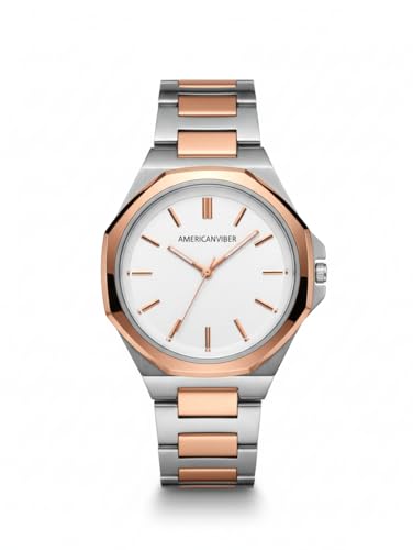 Image of AMERICANVIBER Modern Analog Watch, Silver and Black Two-Tone Stainless Steel Band, Octagonal Case, White Dial for Men