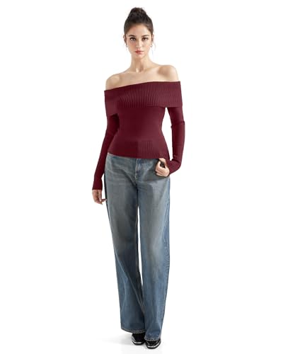 Image of SUUKSESS Women Off Shoulder Sweaters Long Sleeve Ribbed Knit Going Out Fall Tops Blouse