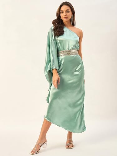 Image of DRAPE AND DAZZLE Women one Shoulder Kaftan Dress with Mirror Work Belt | Summer Westner Wear Dress| DD-115