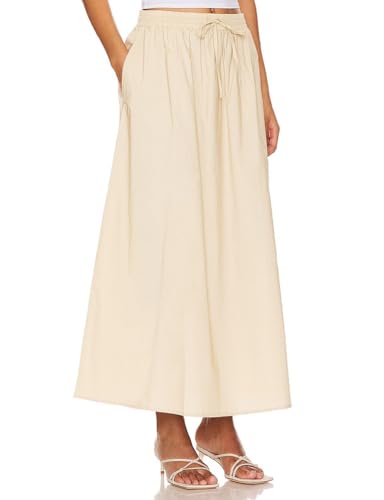 IDEALSANXUN Linen Skirts for Women Spring Summer A Line Drawstring Elastic High Waisted Casual Flowy Midi Skirt with Slit