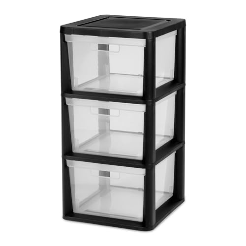 Three-drawer storage tower, made of plastic, with a removable transparent storage box, for household cleaning supplies.