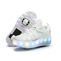 HUSKSWARE Kids Shoes with Wheels – 2-Wheel Roller Trainers for Boys Girls, LED Light-Up USB Rechargeable Retractable Sneakers, Outdoor Sports Skating Shoes EU 27-40 Black Pink Gold Silver White