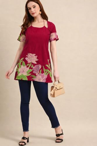 Image of Women's Floral Pure Cotton V-Neck Short Kurti (Has Lining) | Lightweight Short Sleeve Tunic | Breathable Stylish Casual & Office Wear Top