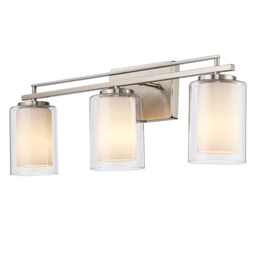 Image of TRANS GLOBE 22483 BN I Lisbon Collection 24 Inch Three-Light Bathroom Vanity - in a Brushed Nickel Finish | Metal Housing I Clear & Frosted Shades I Modern Contemporary Light Fixture |