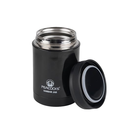 Image of PEBirds - Peacocks Stainless Steel Vacuum Insulated Food Jar 390ml | Sambar and Soup Container | Leakproof Thermal Lunch Jar for Office, School, Travel | Hot & Cold Food Flask (Black)