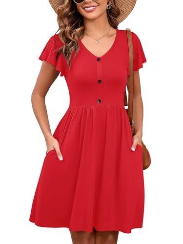 Image of Heymoments Women's Ruffle Sleeve V Neck Swing Sundress Summer Casual A-Line Midi Dress with Pockets S-2XL