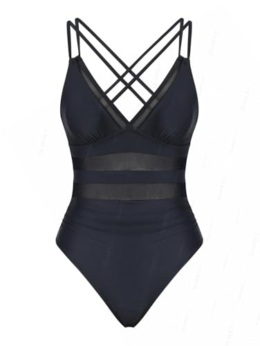その他 summer vacation SHUFFLE DIVENE CROSS seamoly Black Mesh Spliced Dual Strap Crisscross Plunging Neck One
