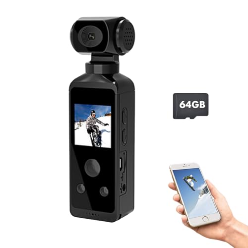 EMEBAY Cámara de acción de bolsillo Ultra HD 4K de 64 GB, mini cámara deportiva de mano giratoria de 270°, fotografía EIS/Time-lapse/disparo a cámara lenta/cámara corporal portátil subacuática