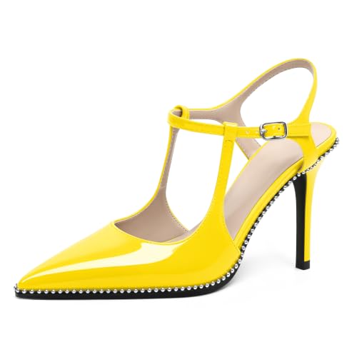 Image of SAMMITOP Womens High Heels Ankle Strap Pointed Toe Stilettos Patent Leather Beaded Pumps Dress Shoes 3.5 Inch