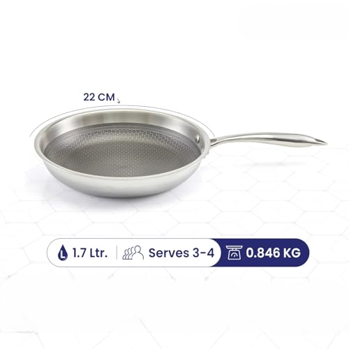 Image of Triply Stainless Steel Fry Pan 22 cm Honeycomb Non-Stick | Frying Pan 2.5 mm Thick Heavy Bottom | Induction, Gas, Electric & Ceramic Compatible Rust Free, Metal Spoon Safe