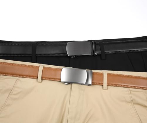 Image of 2 Pack Ratchet Belt 1 3 /8 inch, Mens leather Dress Belt in Gift Set Size 28 inch-62 inch Adjustable waist Trim to Fit