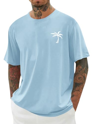 iudam Mens Short Sleeve T-Shirt Graphic Loose Fit Tee Crew Neck Palm Tree Summer Shirts (Light Blue S)