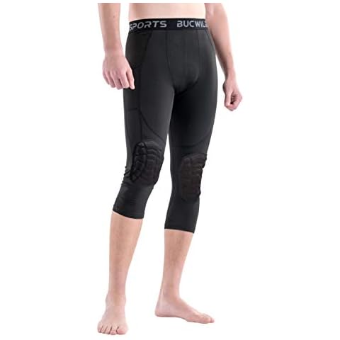 Bucwild Sports ¾ Compression Pants with Knee Pads Size Youth Boys - Adult Men Basketball Wrestling Volleyball Black Cover