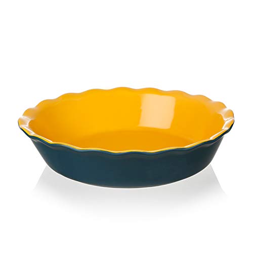 SWEEJAR Ceramic Pie Pan for Baking, 10 Inches Round Baking Dish for Dinner, Non-Stick Pie Plate with Soft Wave Edge for Apple Pie, Pumpkin Pie, Pot Pies (Blue&Yellow)