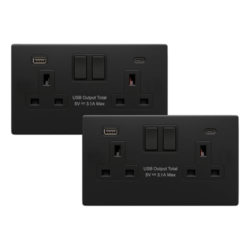 Image of SHPELEC® Matt Black Screwless 2 Gang Plug Socket with USB A C – 4mm Slim Metal Plate Double Socket with Integrated USB Charging (Pack of 2)