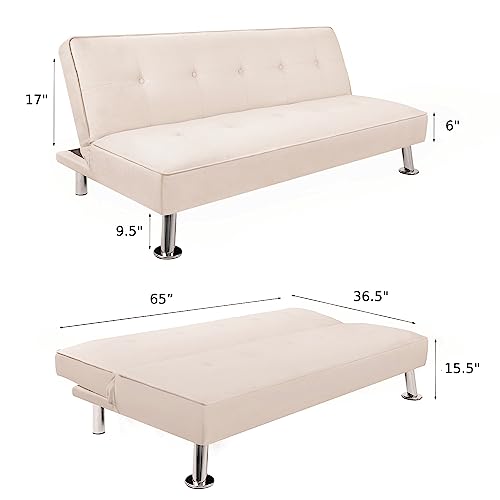 Gunji Futon Sofa Bed Modern Collection Convertible Fabric Sofa Futon Couch Bed Folding Recliner For Living Room (Beige) #TOP5