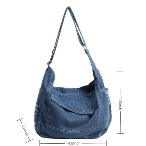 Image of Womens Denim Shoulder Hobo Handbag Canvas Jean Cross Body Bag Leisure Daily Travel Bag Shopping Bag,Light Blue