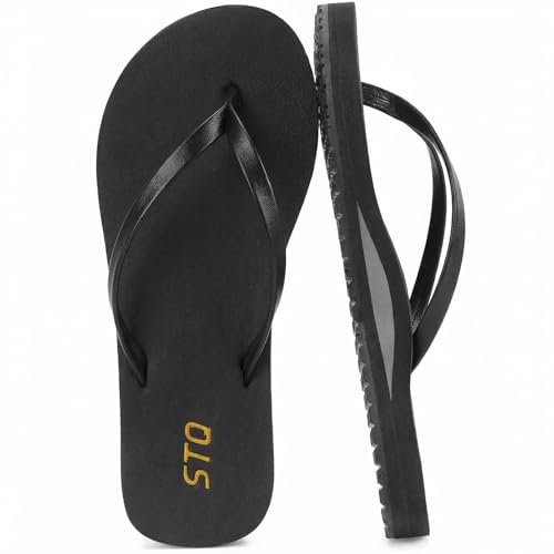 STQ Arch Support Flip Flops for Women Orthopedic Plantar Fasciitis Relief Slim Summer Beach Thong Sandals Leather Orthotic Flip-Flop Yoga Mat Sole Lightweight Comfortable Walking All Black Size 10