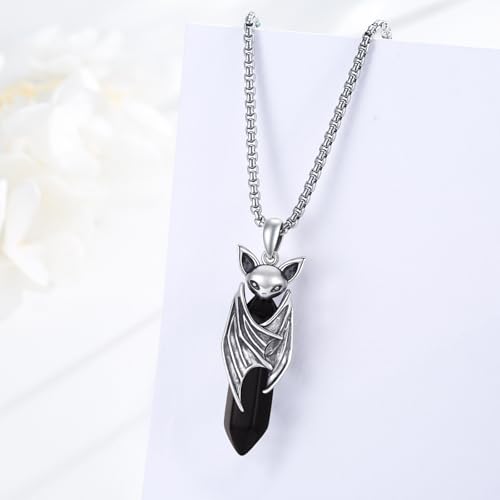 Viking Gothic Animals Necklace Sterling Silver Raven/Phoenix/Dragon/Axolotl/Spider/Bat Pendant Black Crystal Necklace Goth Jewelry Gifts for Father Men Women4