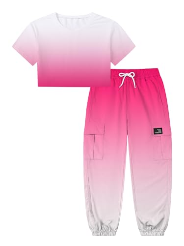 Image of Betusline Girls' Gradient Short Sleeve Crop Tops & Cargo Pants Set, Regular Fit，Perfect for Young Girl，Rose Pink Gradient, 9-10 Years = Tag 150