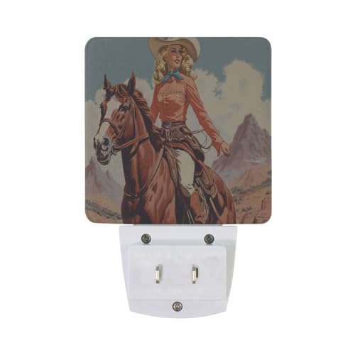 Image of Cowgirl Cowboy Horse View Night Lights 2 Pack Plug-in Wall Led Nightlight Auto Dusk-to-Dawn Sensor Lamps for Bedroom Kitchen Bathroom