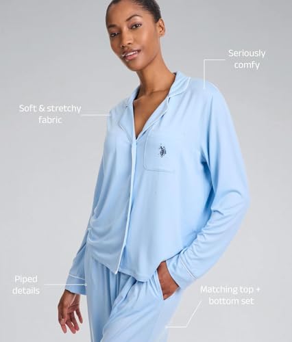 Image of U.S. POLO ASSN. Womens Lightweight Notch Collar Pajama Set | Classic Button Down Pajamas for Women with Long Sleeve Top and Pajama Pants