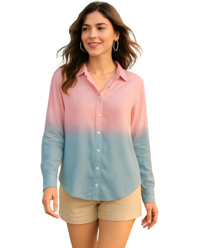 Image of Maaesa Women Handmade Ombre Tie & Dye Rayon Shirt | Relaxed Fit | Lightweight Breathable | Long Sleeve Button-Down | Classic Collar | Casual & Office Wear