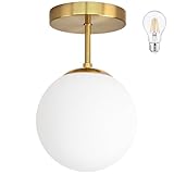 Bagood Globe Semi Flush Mount Ceiling Light, Matte White Glass with Brass Finish, Contemporary Mid Century Modern Style Lighting Fixture Gold