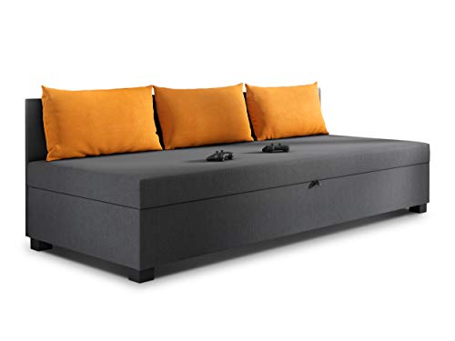 Schlafsofa Misti III - Einzelbett mit Kissen, Sofa mit Bettkasten, Bettsofa, Farbauswahl, Bettgestell, Komfortbett, Bett für Jugendzimmer, Schlafmöbel (Graphit + Orange (Lux 06 + Lux 09)) Schlafsofa Misti III - Einzelbett mit Kissen, Sofa mit Bettkasten, Bettsofa, Farbauswahl, Bettgestell, Komfortbett, Bett für Jugendzimmer, Schlafmöbel (Graphit + Orange (Lux 06 + Lux 09))