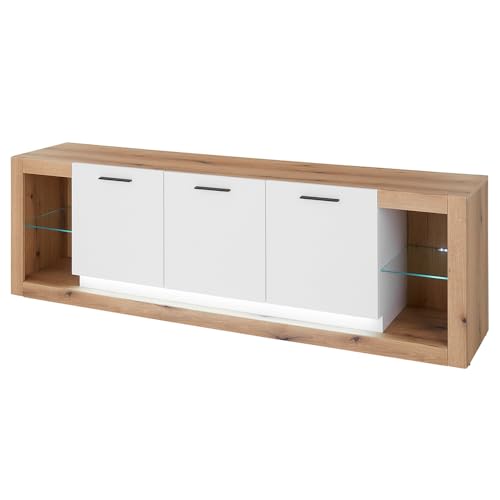 Lomadox Wohnzimmer-Lowboard 198 cm breit TV Board, Fernsehschrank in Eiche mit weiß, 3 Türen, Glaseinlegeböden, LED Beleuchtung Lomadox Wohnzimmer-Lowboard 198 cm breit TV Board, Fernsehschrank in Eiche mit weiß, 3 Türen, Glaseinlegeböden, LED Beleuchtung
