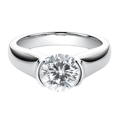 Moissanite Wedding Band, Moissanite Rings for Women, 2 Carat D Color VVS1 Lab Created Diamond Platinum Silver Plated Half Bezel Set Ring, Round Cut Solitaire Engagement Ring