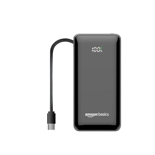 Image of Amazon Basics Power Bank, 10000mAh, 35W Nano, Built-in Type C Cable, 2 Ports - Metallic Silver