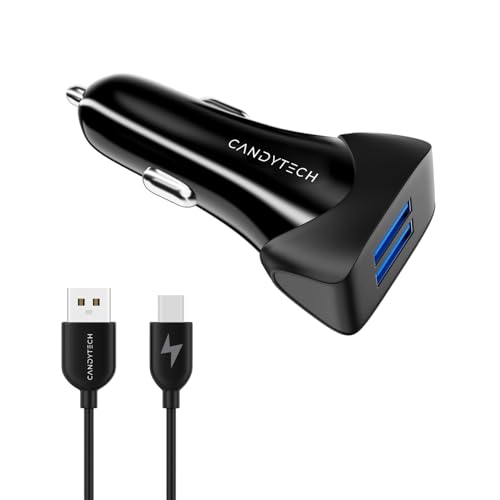 Image of Candytech CC-15 Black Durable Dual USB Output High Performance Car Charger with Type C Cable | Compatible with All Smartphones