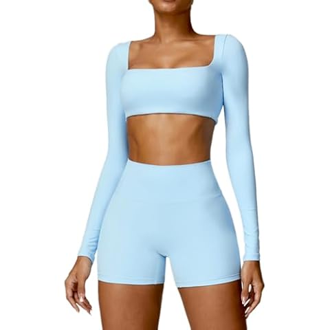 ABOCIW Womens Square Neck Long Sleeve Crop Top Workout Athletic Yoga Basic Tee Slim Fitted Gym Shirts with Built in Bra Low Medium Impact Light Blue Small Cover