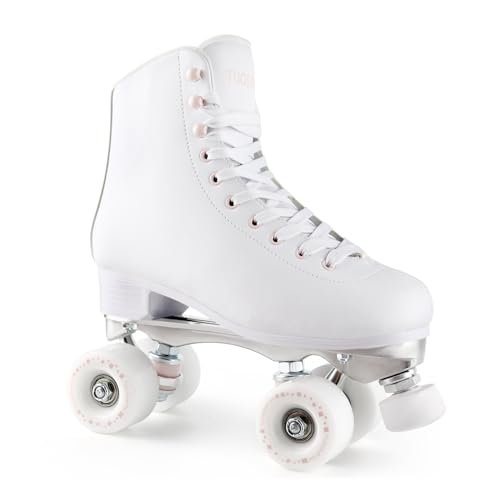 Tuosamtin Patines de ruedas para mujeres y niñas con tapones de goma ajustables en altura, bonitos patines retro para exteriores e interiores (blanco, 8)