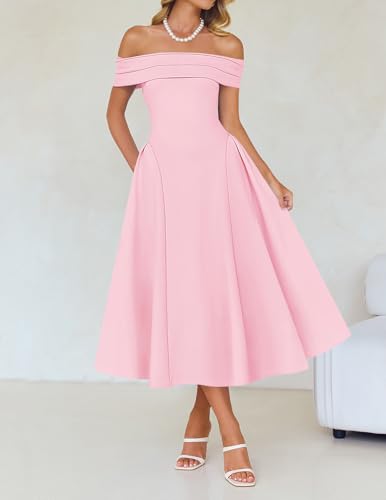 Image of ZESICA Summer 2026 Cocktail Dresses for Women's Off Shoulder Short Sleeve Swing A Line Wedding Evening Party Midi Dress
