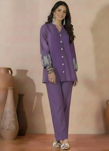 Image of SMOWKLY Women's Embroidered Kurta Set with Pants | Elegant Button-Down Tunic Top with Floral Sleeve Detail | Casual Co-ord Outfit