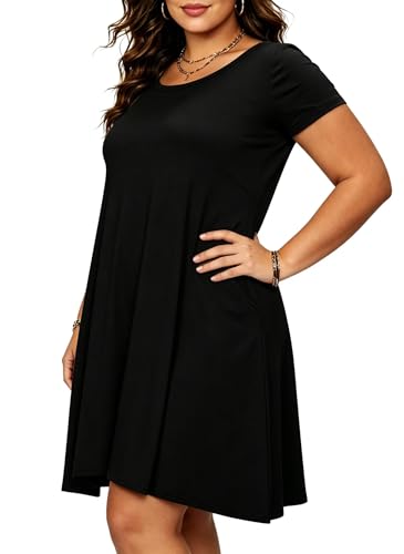 Image of Afibi Womens Short Sleeve Loose Pockets Dress Casual Swing T-Shirt Dresses