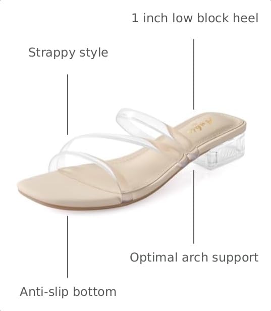 Image of Ankis Black Nude White Strappy Heels Women 1 Inch Low Chunky Block Heel Heeled Sandals Square Open Toe Slip On Slides Mules