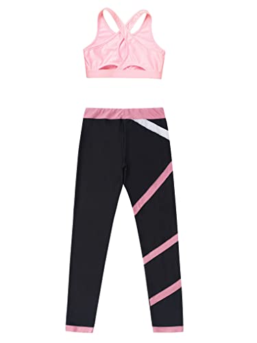 YEAHDOR Kids Girls 2 Pcs Sport Outfit Gymnastics Dance Athletic Outfits Sleeveless Crop Top with Leggings Set Dancewear Black Pink 12 Years4