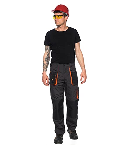 Foto von Stenso Emerton Lange Herren-Arbeitshosen Männer Cargo-Bundhosen mit Knietaschen - Dunkelgrau/Schwarz/Orange EU54