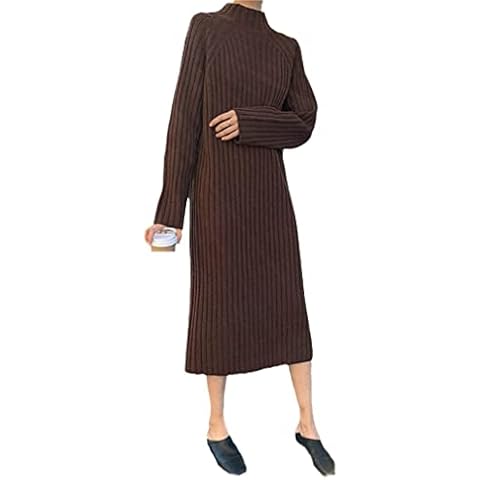 Women Basic Long Sweater Dress High Neck Elegant Solid Color Brief Slim Knitted Dresses Pullovers Brown One Size Cover
