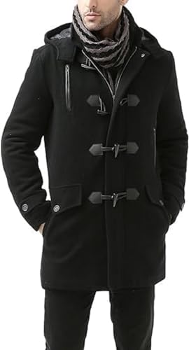 N Luxury Men Benjamin Wool Blend Classic Duffle Coat - Wool Blend Hodded Toggle Coat (US, Alpha, Medium, Regular, Regular, Black)